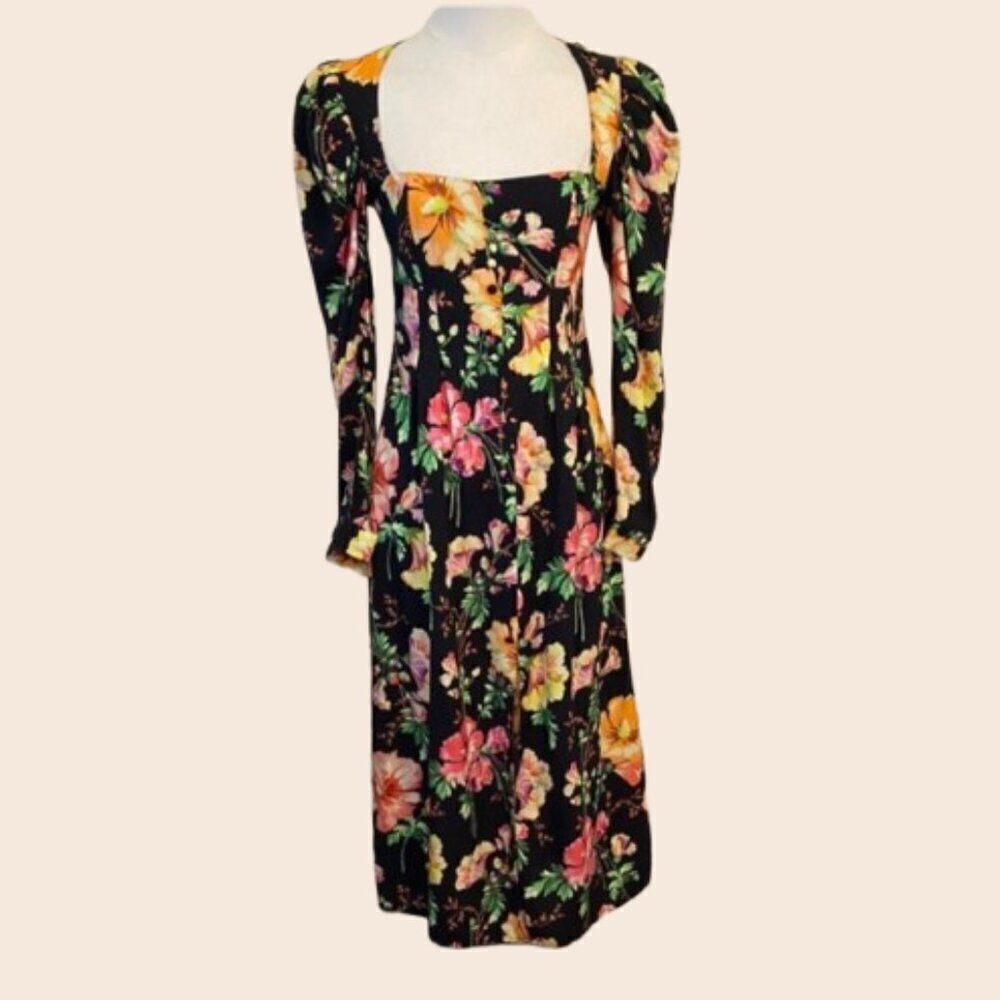 Reclaimed Vintage Black Floral Cottagecore Midi Tea Dress Size 2